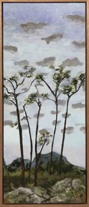 A painting of gum trees on a mountain top.