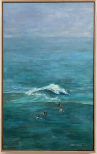 Oil painting of a calm turquoise sea with a curling wave and small surfers near the foreground.