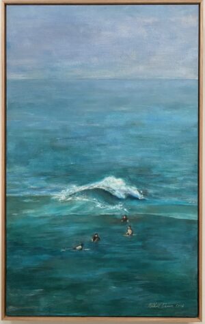 Oil painting of a calm turquoise sea with a curling wave and small surfers near the foreground.